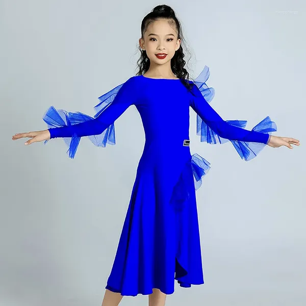 Bühnenkleidung 2024 Ballsaal Tanzkleid für Mädchen Blau Langarm Übungskleidung Kinder Chacha Rumba Walzer Modern DN17341