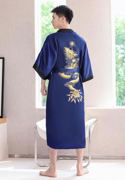 MEN039S Sijiz Şangay Hikayesi Tersinir İpek Saten Robe Kimono rahatlama Batrobe Ejderha İşlemeli Gece Gown8112160