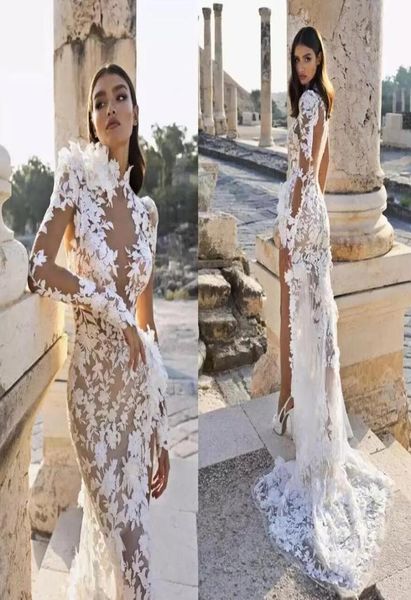 Arábia sereia vestido de casamento 2023 berta gola alta fenda lateral ilusão rendas apliques manga longa trem varredura boho vestido de noiva gj09284828