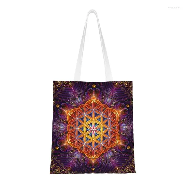 Sacos de compras flor da vida laço dourado mandala mantimentos sacola feminina personalizada lona ombro shopper bolsas de grande capacidade