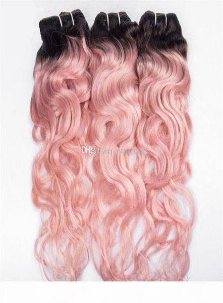 Fasci di capelli umani vergini peruviani ondulati rosa bicolore 1b Tessuto di capelli rosa Ombre Trama di capelli ricci onda profonda 3 pezzi Lotto7398495