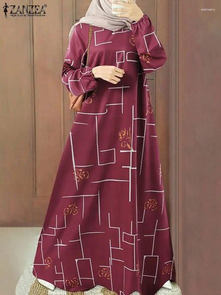 Ethnische Kleidung ZANZEA Elegante Frauen Casual Langarm Gedruckt Muslimischen Maxi Kleid Mode Dubai Türkei Abaya Sommerkleid Islamischen Vestido