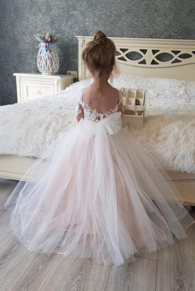 Abito da ragazza di fiore da sposa con maniche in tulle di pizzo Abito da ballo principessa per abiti da damigella d'onore junior per feste Abiti dolci per bambina M9578945