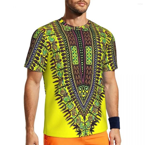 Herren-T-Shirts, Sport-T-Shirt für Herren, gelbe Dashiki-T-Shirts, afrikanischer Aufdruck, Sommer-T-Shirts, O-Ausschnitt, Vintage-Grafik-Oberteile, Geschenkidee