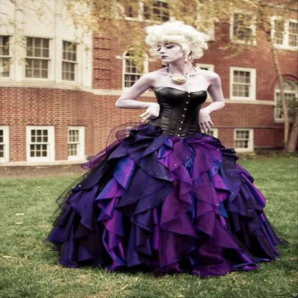 2020 novo roxo e preto organza tafetá vestido de baile gótico vestido de casamento espartilho vitoriano vestidos de noiva de halloween personalizado made310z