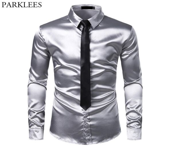 2 pezzi argento seta camicia cravatta uomo raso liscio camicie da smoking casual button down uomo camicie eleganti festa di nozze prom chemise homme Y23588091