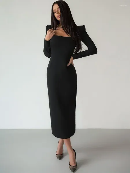 Günlük elbiseler elbise fransız kare boyun mizaç siyah sıkı elastik maksi etek uzun kollu düz renk seksi tasarım parti kadın