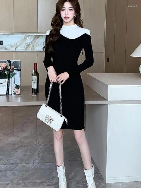 Vestidos casuais mulheres elegante preto branco retalhos feriado malha bodycon mini vestido outono inverno streetwear escritório senhora chique