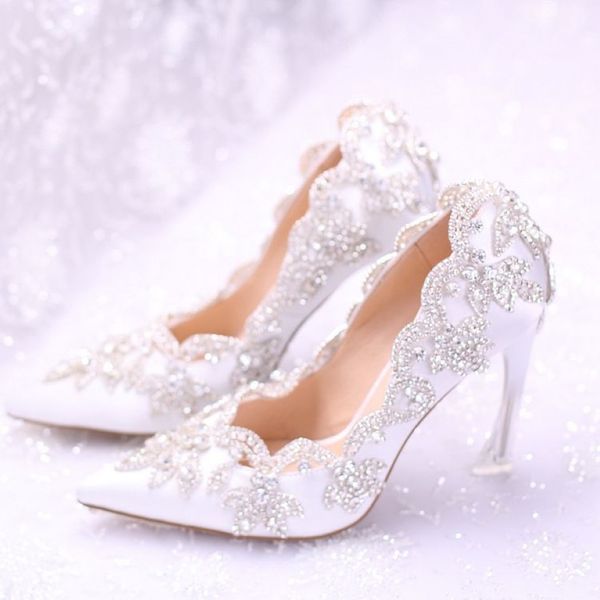 Splendidi cristalli diamanti scarpe da sposa punta a punta tacchi alti décolleté da sposa bianchi scarpe da ballo per feste da donna AL23111837