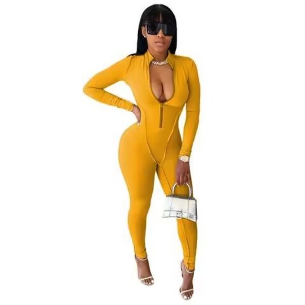 2024 novo plus size 2x feminino sexy night club vestindo macacões de cor sólida casual manga longa com zíper macacão magro preto bodysuits