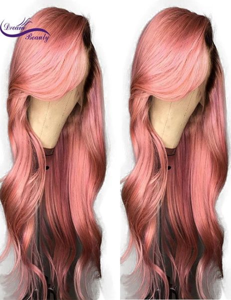Parte lateral natural longo onda do corpo 360 peruca de renda com franja raízes pretas ombre rosa peruca dianteira do laço sintético para mulher cosplay7731939