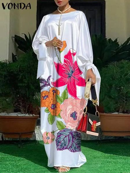 Mulheres vonda vestido de festa de verão vintage floral impresso casual solto boêmio praia vestido de verão manga longa cetim maxi vestidos 240307