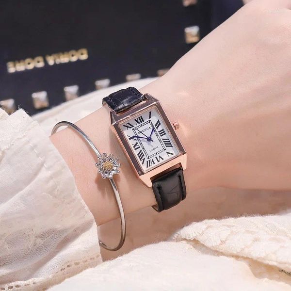 Orologi da polso Moda retrò semplice Roma rettangolo cinturino in pelle al quarzo orologio casual di lusso grano per donna impermeabile