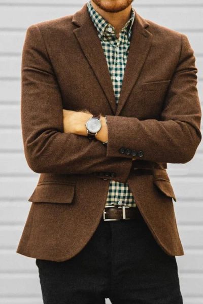 Jacken Maßgeschneiderter Tweed-Anzug Braune Herren-Winterjacke Outfit Herren-Blazer Herringbone-Kleidung Slim-Fit-Kostüm Nach Maß