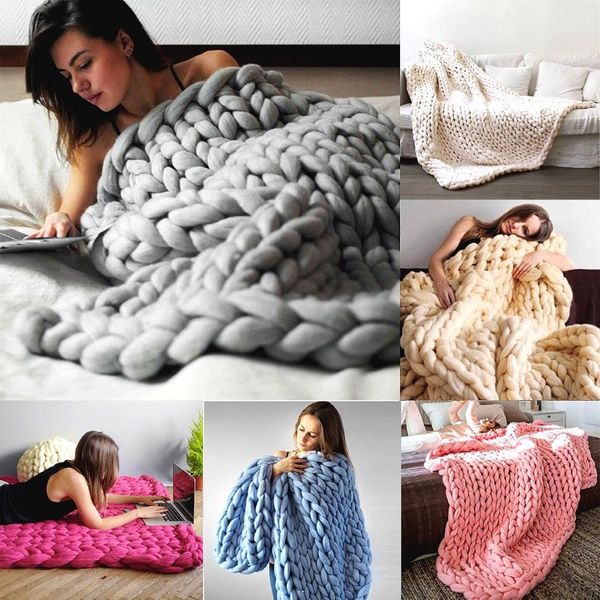 Adulto merino lã chunky gigante grande grande malha cobertor macio quente fio de malha crochê artesanal cama casa lance cobertor 2002830