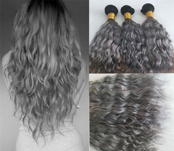 Fasci di capelli umani vergini brasiliani di colore Ombre 1B Capelli umani grigi intrecciano trama di capelli a onda d'acqua bicolore 3 pezzi1349821
