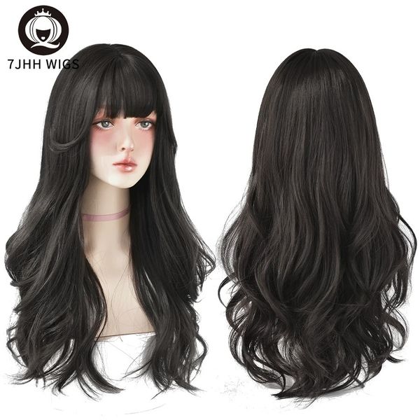 7JHH perucas marrom cinza longa onda profunda cabelo lolita perucas com franja peruca sintética para mulheres moda cachos grossos perucas menina 240228
