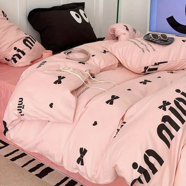 Ins preto bowknot conjunto de cama rosa cama folha plana capa edredão gêmeo completa rainha estilo princesa roupa meninas floral colcha capa 240306