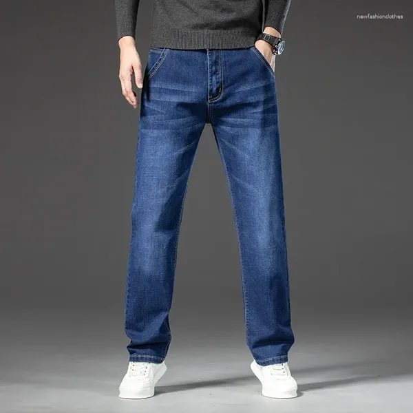 Jeans masculinos 2024 homens primavera outono elástico quatro estações meninos lavado tubo reto solto casual calças compridas plus size