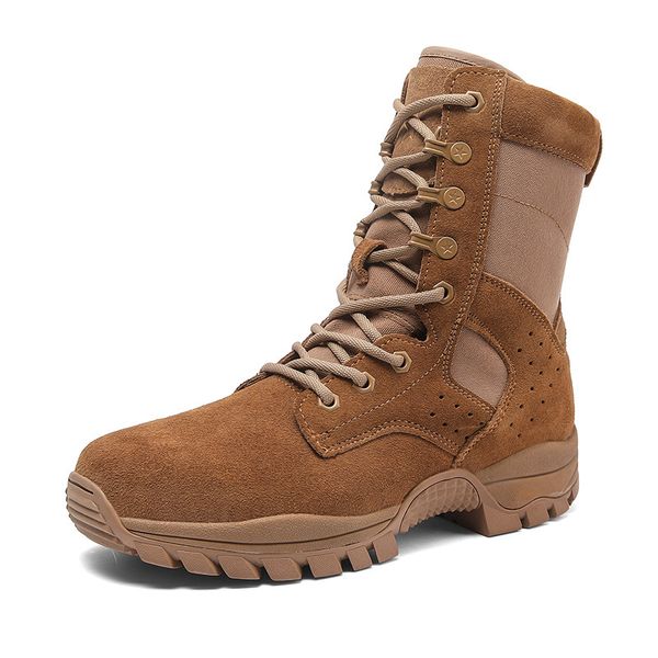 Novo estilo botas de combate de couro de camurça marrom masculino alto zíper lateral anti punctura botas de caminhada