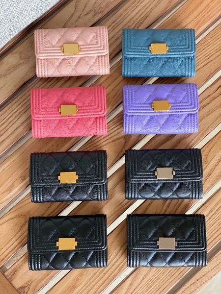 Preto caviar design mini carteiras homens mulheres titulares de cartão goldsilver hardware couro genuíno titular do cartão de crédito com caixa 15218q