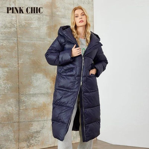 Casacos de Trench das Mulheres Rosa Chic 2024 Casaco de Inverno Mulheres Down Jackets Alta Qualidade Bege Escuro Quente Lace Up Com Capuz Versão Longa Parka Feminino