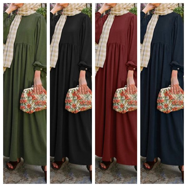 Muslimisches Vintage-Kleid für Frauen mit soliden Puffärmeln, ausgehöhltem Kragen und plissiertem, ultralangem Kleid