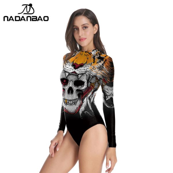 Badebekleidung NADANBAO Halloween-Schädel-bedruckter einteiliger Badeanzug für Damen, sexy, schlank, langärmelig, zum Schwimmen, Sportbekleidung, Sommer, dünner Badeanzug