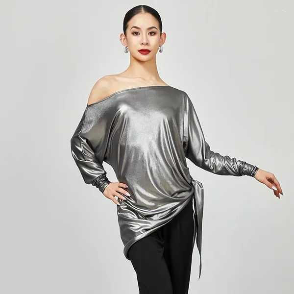 Stage Wear Argento Top da ballo latino Allentato Pratica Rumba Samba Dancewear Donna Oro Off-Spalla Sala da ballo Abbigliamento da allenamento DL11480