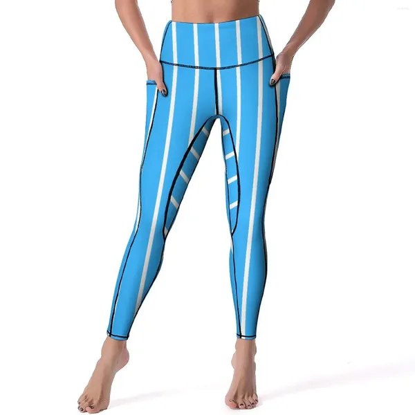 Leggings da donna Pantaloni da yoga a righe verticali Sexy blu e bianco Leggins da palestra push up personalizzati Collant sportivi elastici alla moda da donna