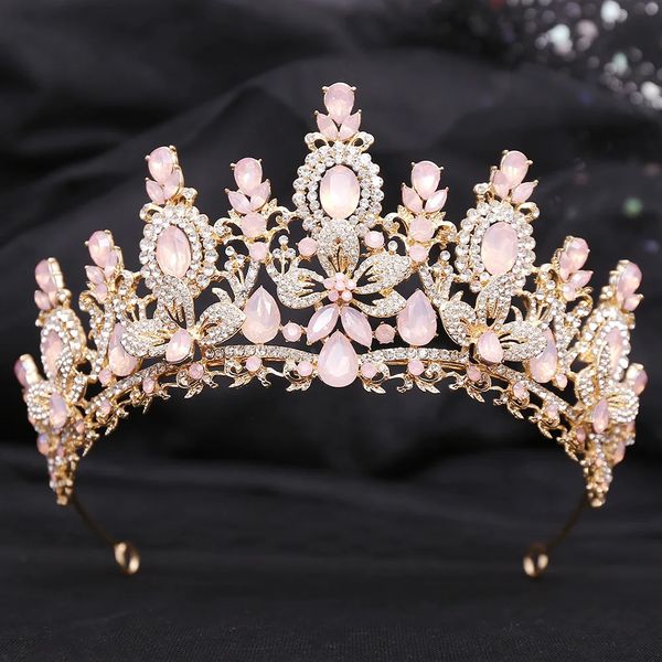 Lusso rosa opale regina reale corona nuziale strass cristallo diadema nuziale spettacolo copricapo sposa tiara accessorio dei gioielli per capelli 240305