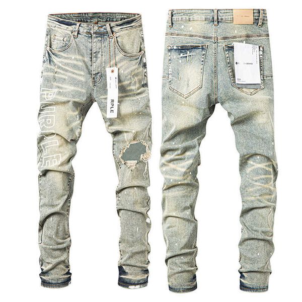 Designer masculino jeans roxo marca americana high street com buracos água suja respingada tinta calças de perna reta