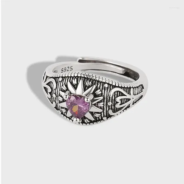 Cluster Ringe Retro Muster Thai Silber Farbe Ring für Frauen Weibliche Herzförmige Lila Stein Minimalistisches Einzigartiges Design Schmuck Tropfen