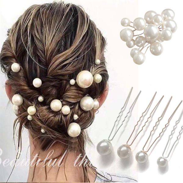 16 pçs/set em forma de u hairpin metal pérola garfo de cabelo com pérola branca casamento nupcial belos acessórios de cabelo para mulher 2451