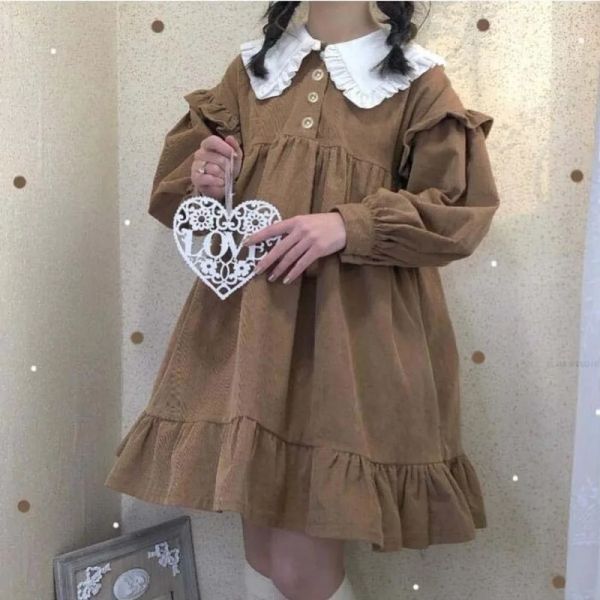 Abiti Qweek Abito Lolita Kawaii Autunno Velluto a coste Dolce stile Lolita Abito carino Yummy Abito da festa da tè a maniche lunghe in patchwork marrone con sbuffo