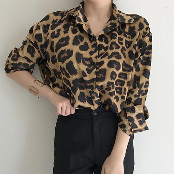 Camicette da donna Camicie da donna leopardate vintage Camicia da donna dal design casual chic a maniche lunghe allentate coreane abbottonate