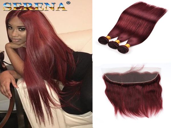 Capelli vergini brasiliani bordeaux con chiusura frontale in pizzo con 3 pacchi colore 99J capelli lisci rosso vino intrecciati con pizzo 13x4 Fro9942678