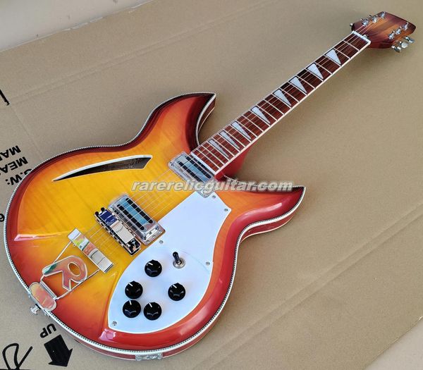 381 6 Saiten Fire Glo Semi Hollow Body Cherry Sunburst E-Gitarre, gewölbte Flammenahorndecke, Sandwich-Hals, CheckerBoard-Bindung, lackiertes Griffbrett