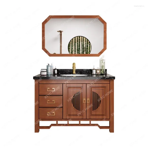 Rubinetti per lavabo da bagno Combinazione di armadietti Pavimento in legno massello Stile Feng Shui Specchio classico cinese