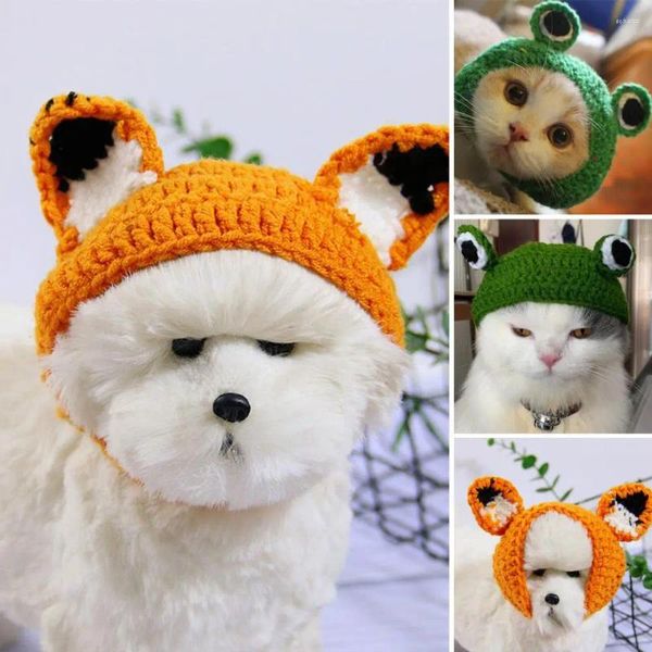 Abbigliamento per cani Cappello per animali lavorato a mano Cappello per animali domestici in 3D Decorazione per occhi di rana Copricapo per gatti carino per l'autunno inverno Piccoli animali domestici in lana di cartone animato