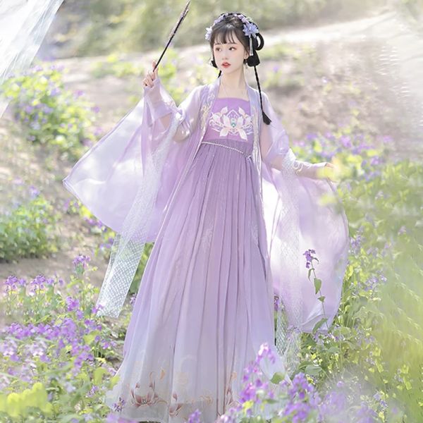 Vestido roxo verão hanfu feminino dinasmo tang vestido tradicional chinês camisa de manga larga bordado peça única cosplay palco