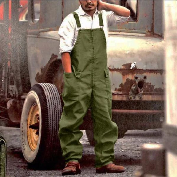 Erkek pantolon 2024 tulum artı beden sokak kıyafeti düz renkli tulum cepler gevşek süspansörler bülbeli iş giymek kargo erkekleri