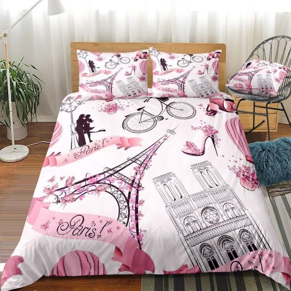 Eiffel Tower Duvet Cover Set Pink Girls Bettwäsche Set romantische Pariser Bett Leinen Mädchen Liebhaber Haus Textilien Ehepaar Bettwolken C1020230i