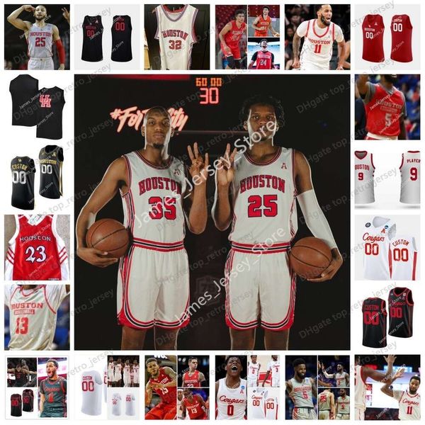 Maglia da basket NCAA Custom UH Houston Cougars College 5 JaVier Francis 25 Josh Carlton 1 Jamal Shead 52 Kiyron Powell 0 Marcus Sasser Clyde Drexler Hakeem Olajuwon