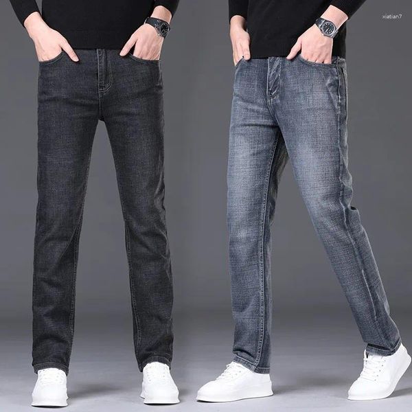 Calças de brim masculinas de negócios denim elástico em linha reta marca calças compridas para cavalheiro clássico moda masculina calças de trabalho plus size