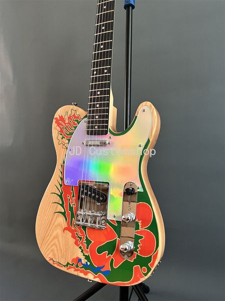 Ausverkauf Jimmy Page Dragon Natural Ash E-Gitarre Satinlackierter Eschenkorpus Benutzerdefiniertes Brechungsmaterial unter klarem Schlagbrett Ahornhals Palisandergriffbrett