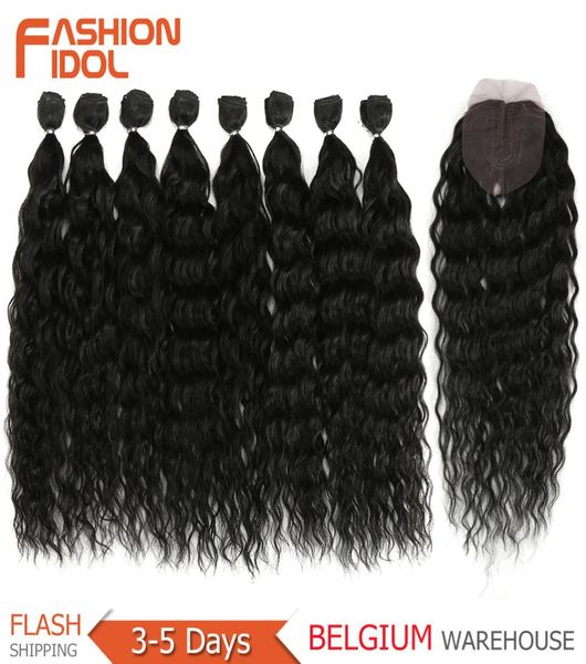 Moda idol su dalgası saç demetleri kapanışlı sentetik saç ombre sarı gümüş gri saç 9pcspack 20inch fiber q11289090900