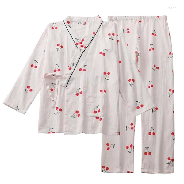 Roupas étnicas Kimono Pijama Mulheres Puro Algodão Gaze Fina Manga Longa Calças Ajustáveis ​​Home Dress Dois Conjuntos