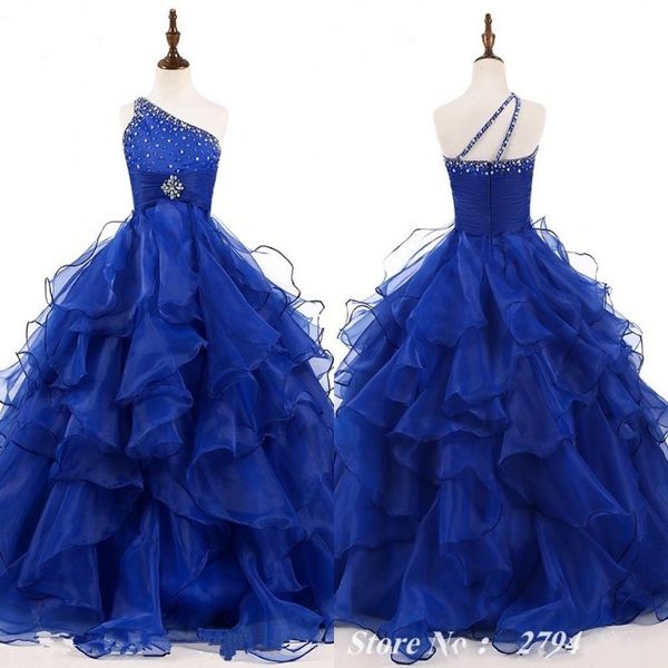 2021 Royal Girls Pageant Vestidos Um Ombro Ruffles Puffy Ball Vestido Cristal Beading Formal Crianças Vestidos de Baile Flor Meninas Dresse227h