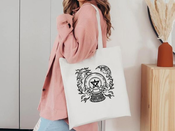 Sacos de compras Boho Crystal Ball Canvas Tote Bag Gótico Mulheres Espiritual Bruxa Mama